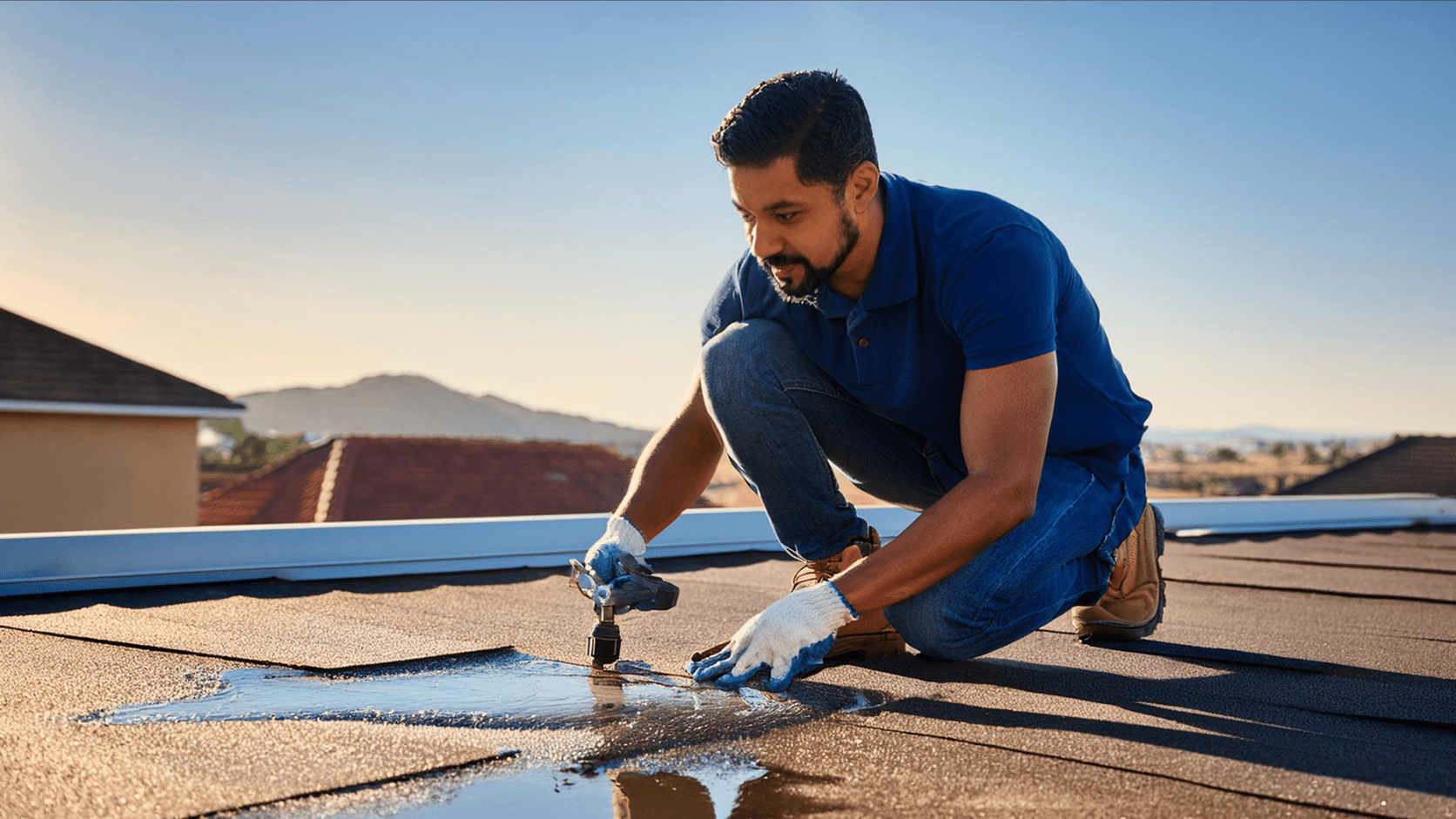 Ein Mann mit Handschuhen und blauem Poloshirt repariert mit einem Werkzeug ein undichtes Dach unter klarem blauen Himmel, im Hintergrund sind in der Ferne Hügel zu sehen.